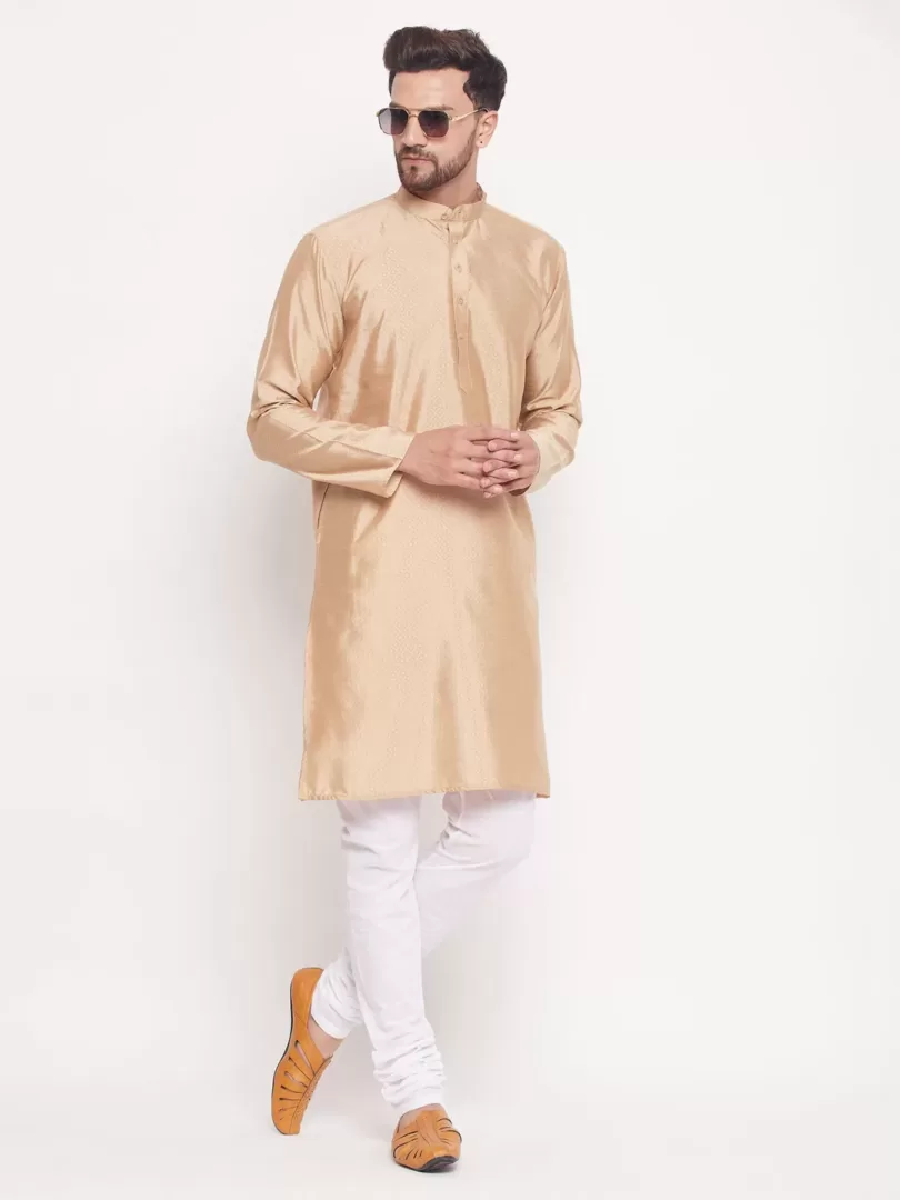 Men's Beige And White Silk Blend Kurta Pyjama Set