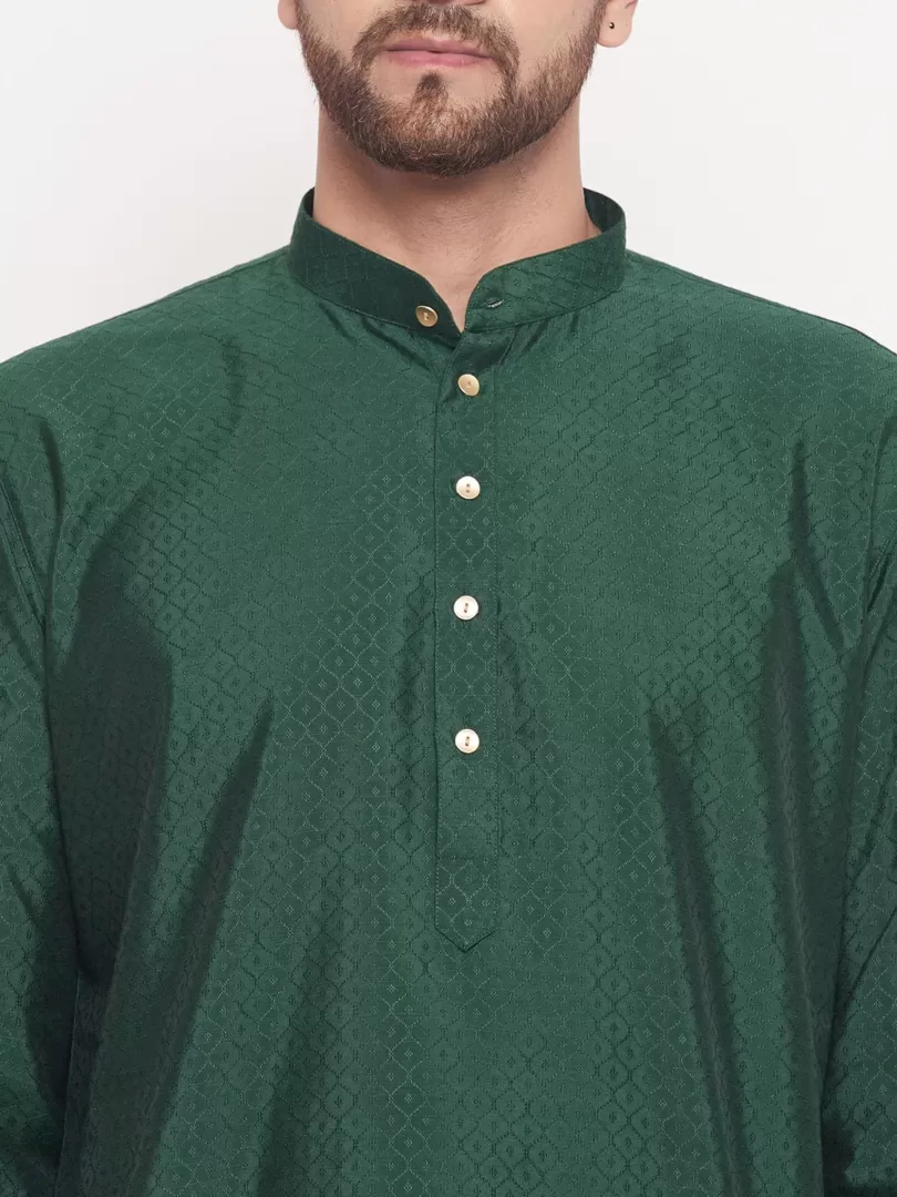 Men's Green And White Silk Blend Kurta Pyjama Set