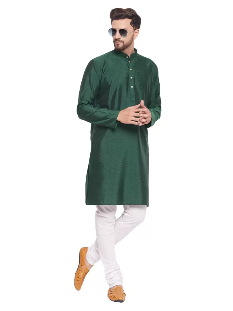 Men's Green And White Silk Blend Kurta Pyjama Set