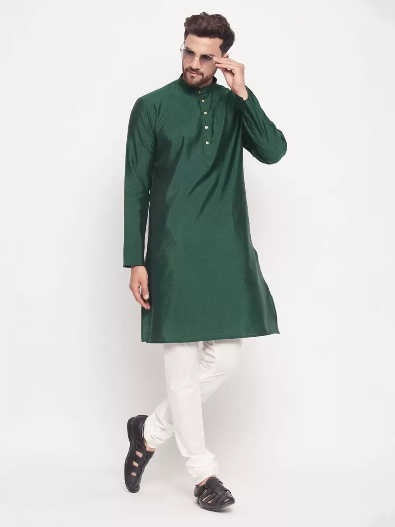 Men's Green And Cream Silk Blend Kurta Pyjama Set
