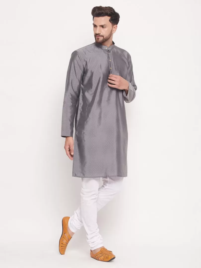 Men's Grey And White Silk Blend Kurta Pyjama Set