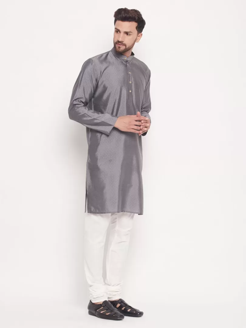 Men's Grey And Cream Silk Blend Kurta Pyjama Set