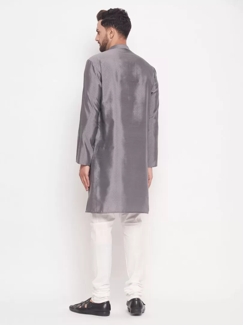 Men's Grey And Cream Silk Blend Kurta Pyjama Set