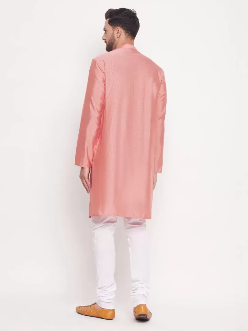 Men's Pink And White Silk Blend Kurta Pyjama Set
