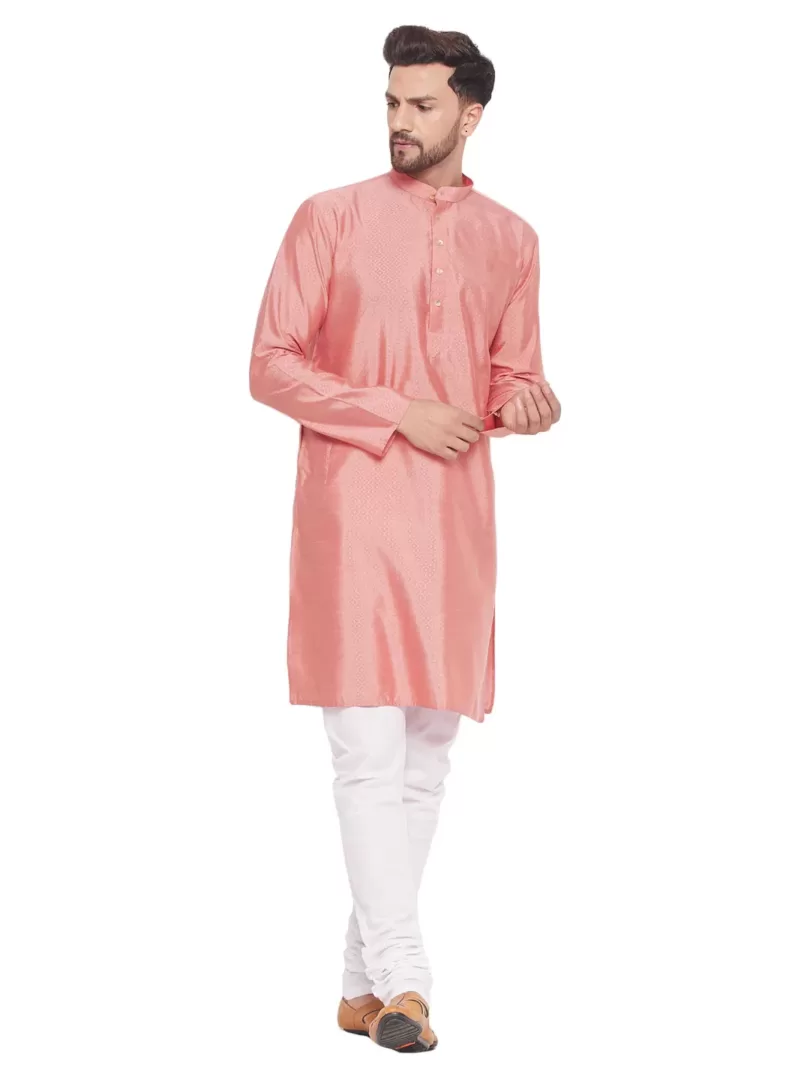Men's Pink And White Silk Blend Kurta Pyjama Set