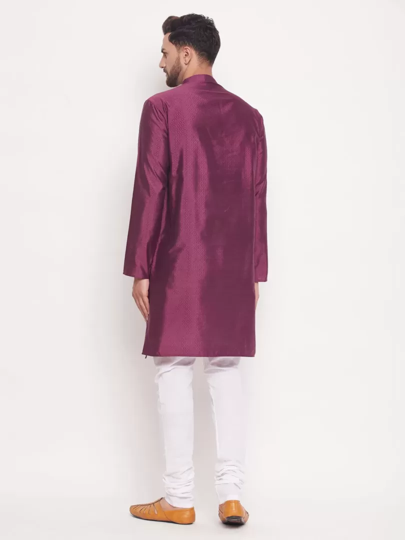 Men's Purple And White Silk Blend Kurta Pyjama Set