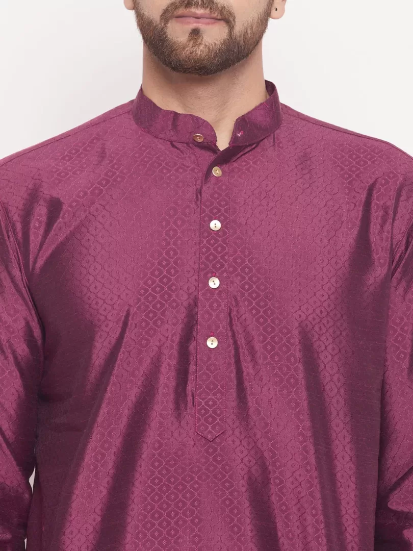 Men's Purple And Cream Silk Blend Kurta Pyjama Set