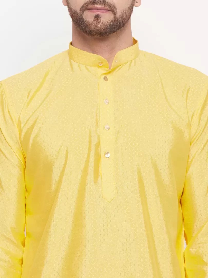 Men's Yellow And Cream Silk Blend Kurta Pyjama Set