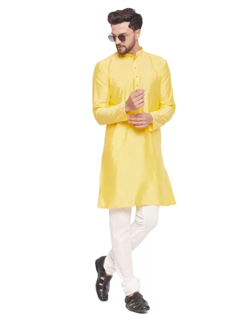 Men's Yellow And Cream Silk Blend Kurta Pyjama Set
