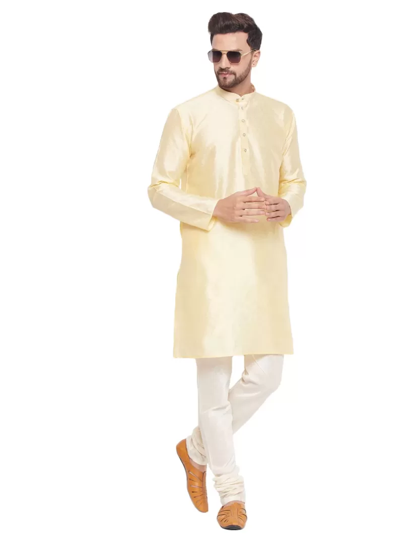 Men's Beige And Cream Silk Blend Kurta Pyjama Set