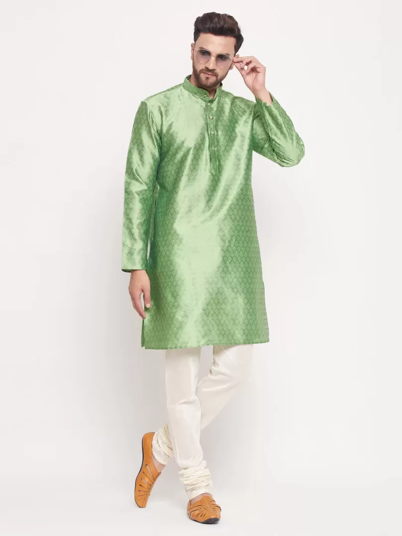 Men's Mint Green And Cream Silk Blend Kurta Pyjama Set