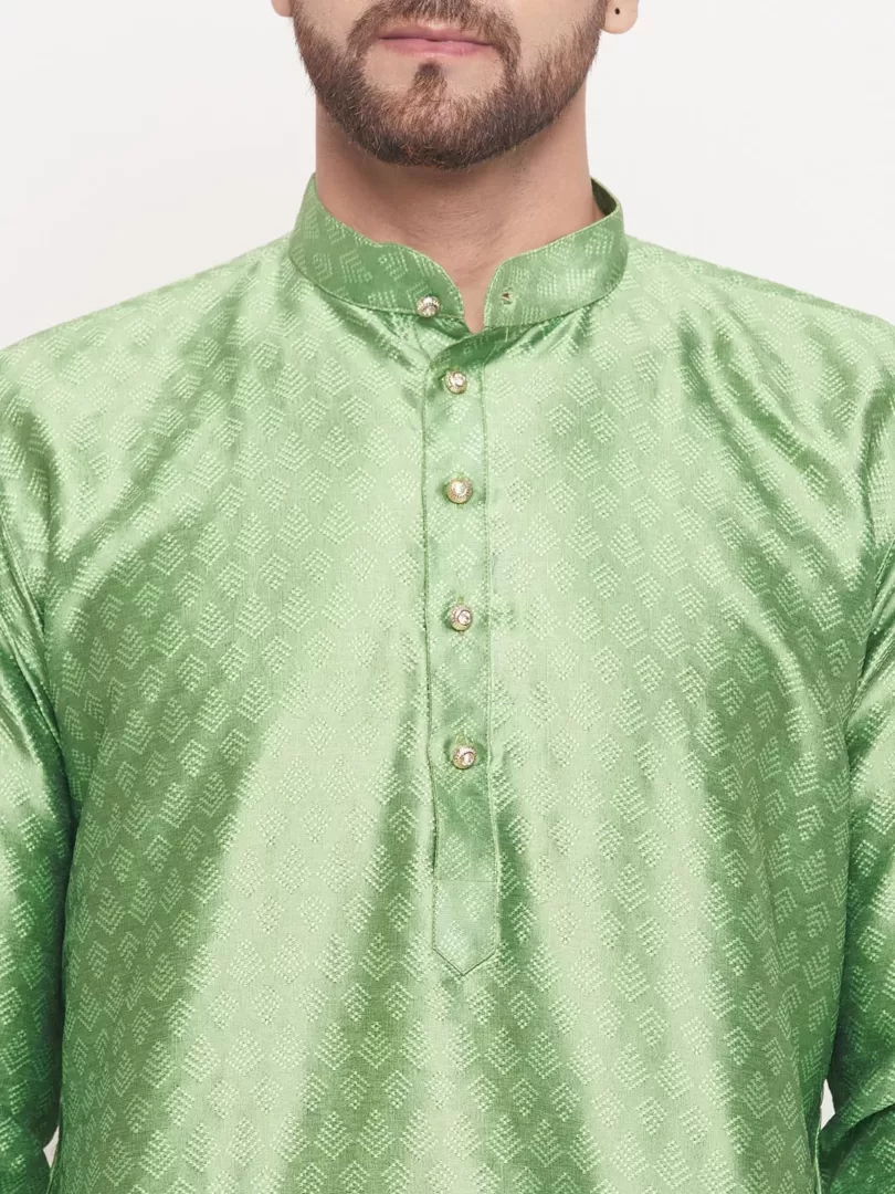 Men's Mint Green And Cream Silk Blend Kurta Pyjama Set