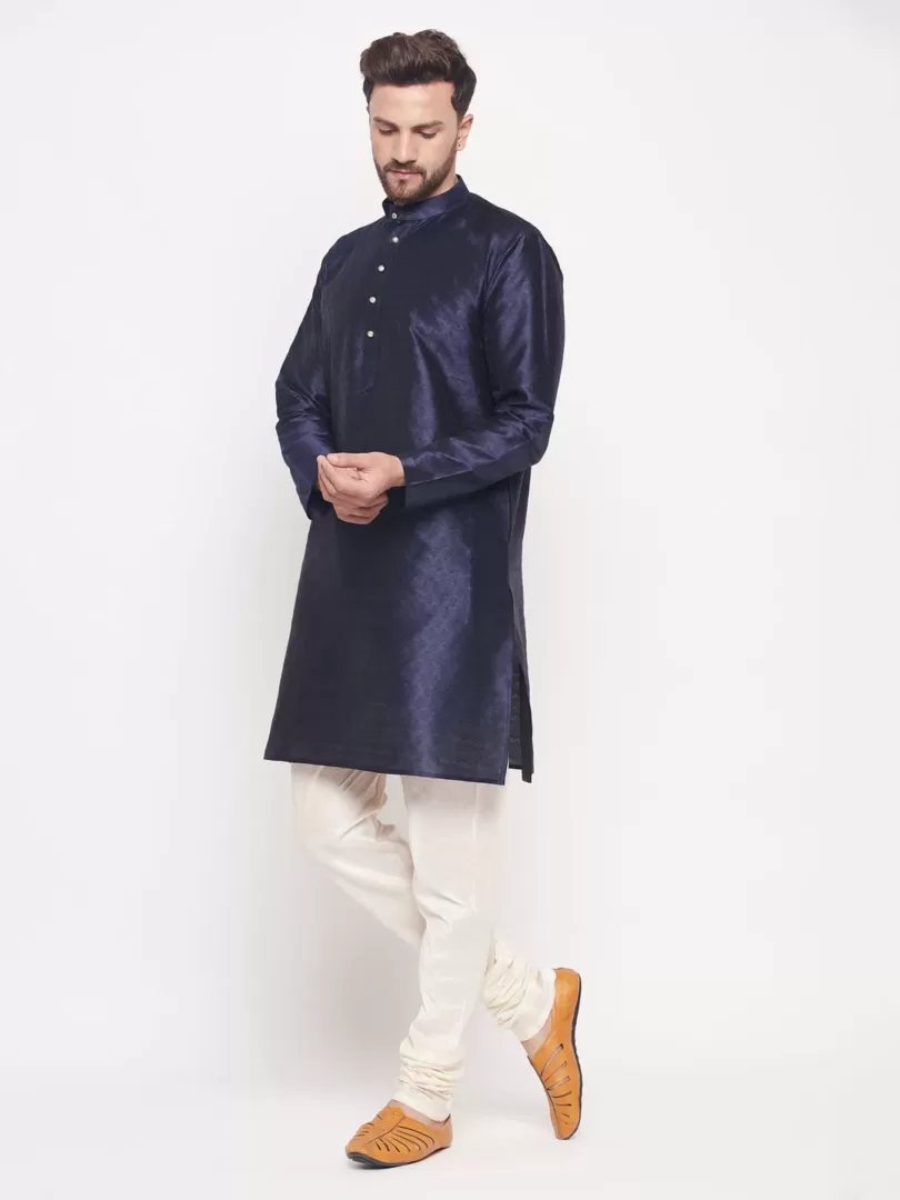 Men's Navy Blue And Cream Silk Blend Kurta Pyjama Set