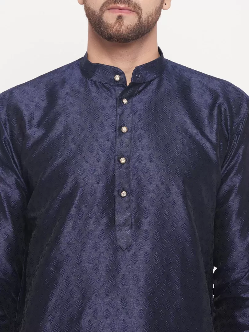 Men's Navy Blue And Cream Silk Blend Kurta Pyjama Set