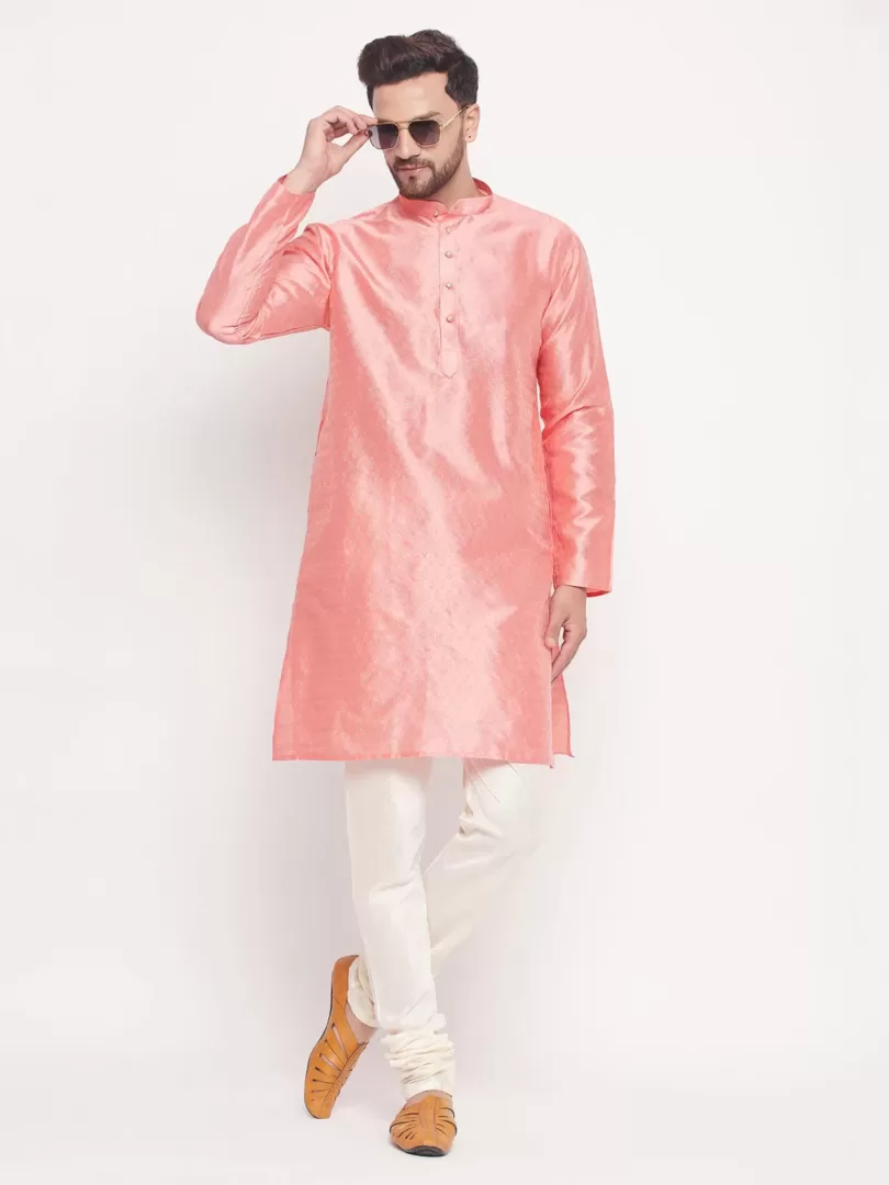 Men's Pink And Cream Silk Blend Kurta Pyjama Set