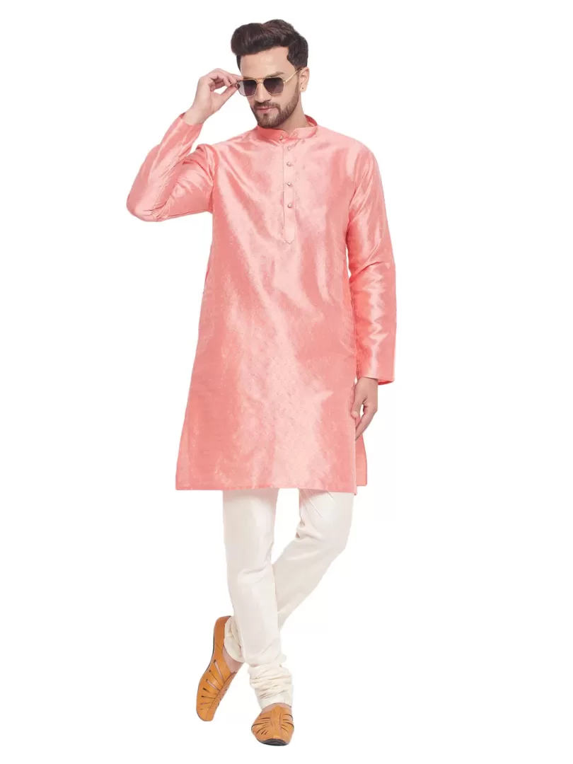 Men's Pink And Cream Silk Blend Kurta Pyjama Set