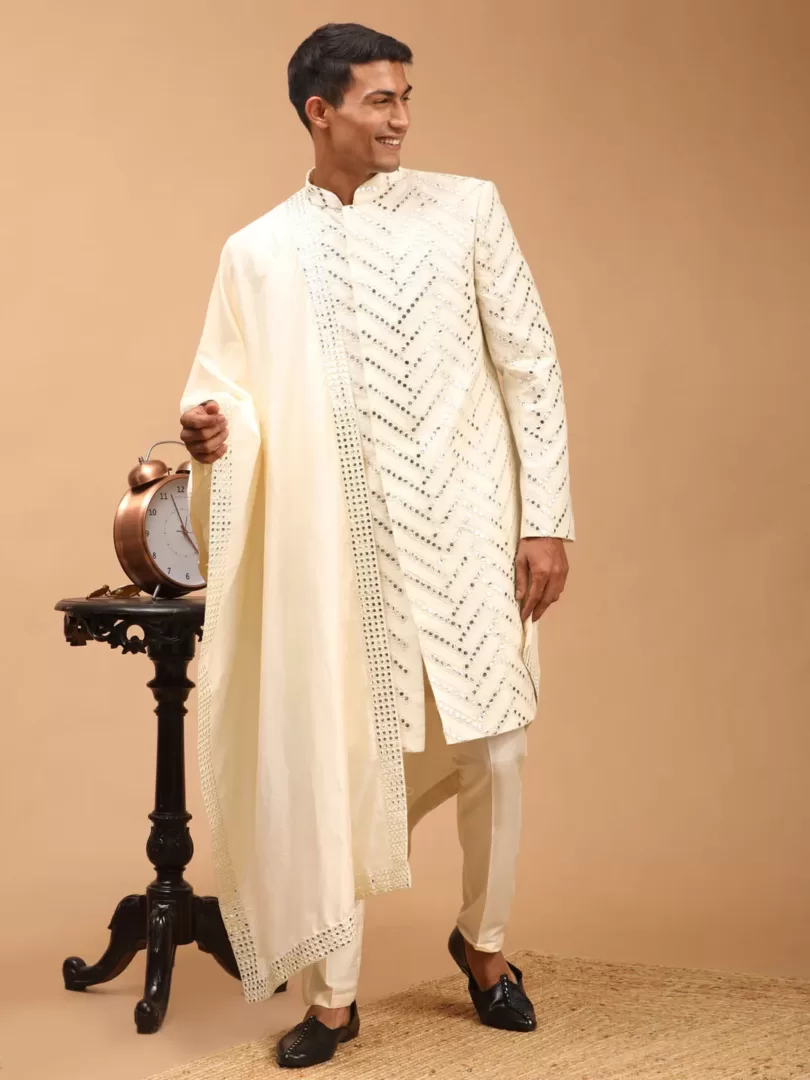 Men's Cream Silk Blend Sherwani Set With Dupatta