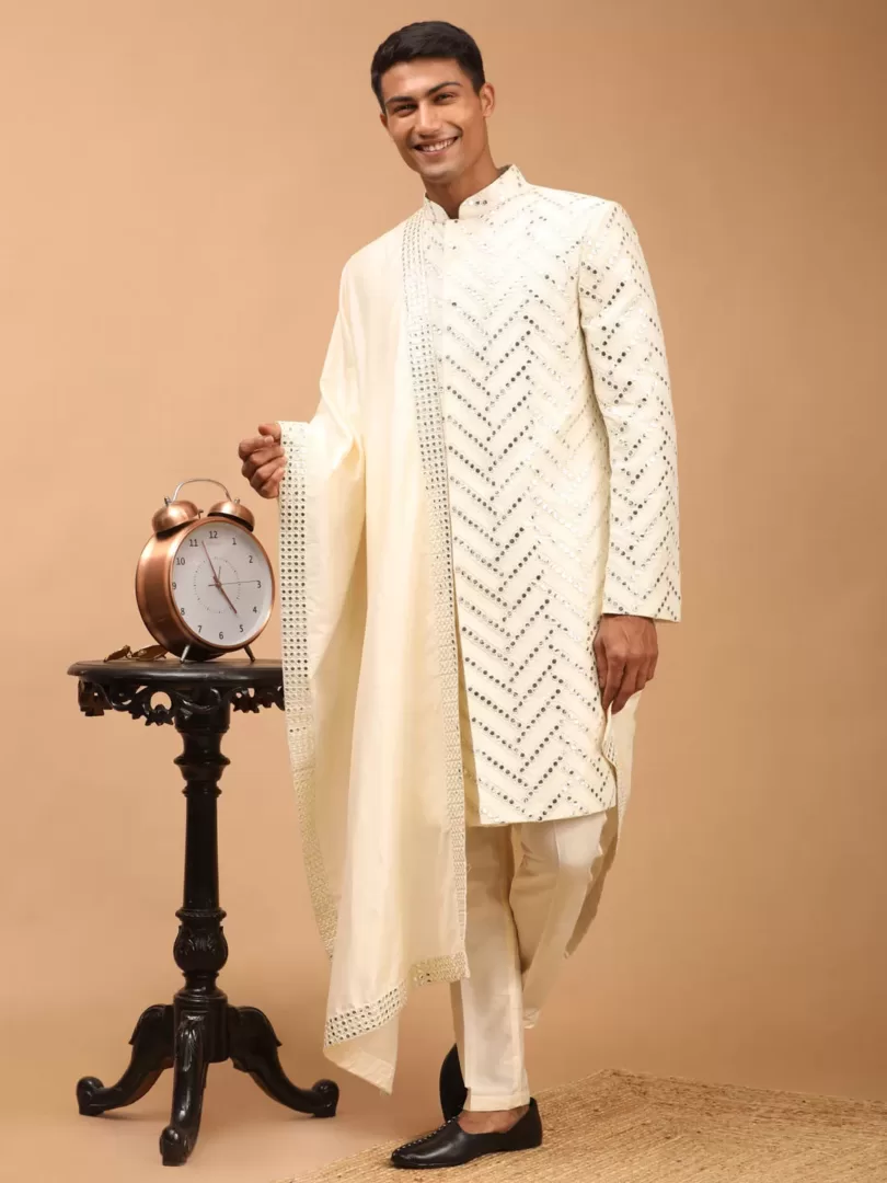 Men's Cream Silk Blend Sherwani Set With Dupatta