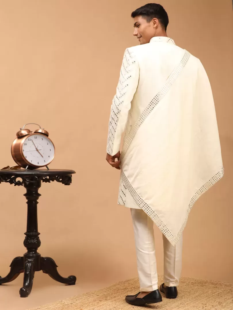 Men's Cream Silk Blend Sherwani Set With Dupatta