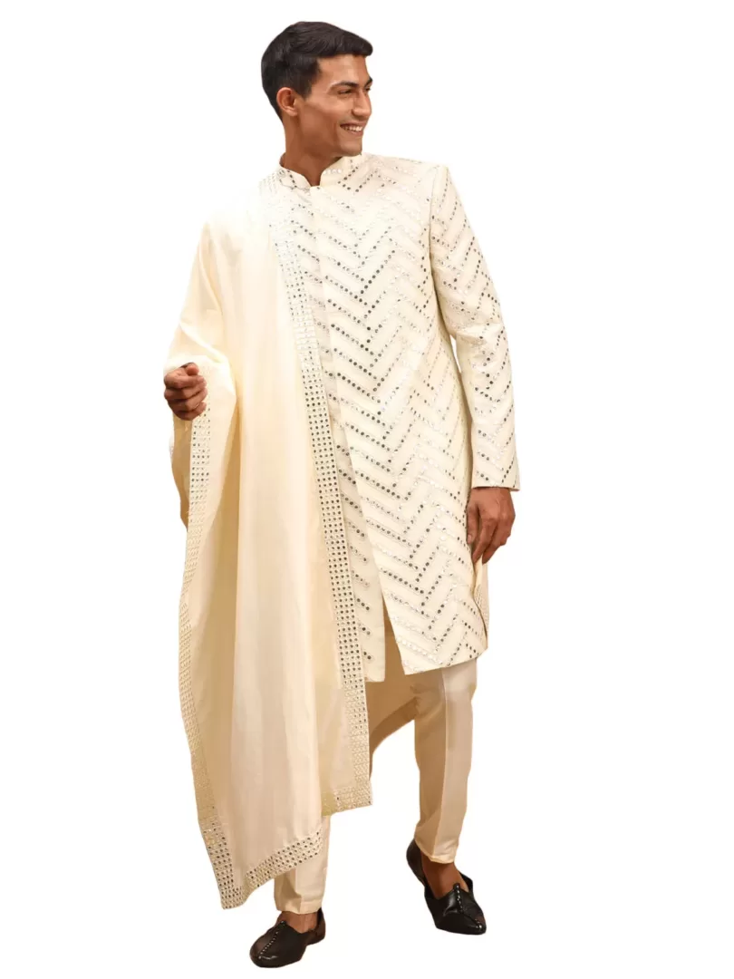 Men's Cream Silk Blend Sherwani Set With Dupatta