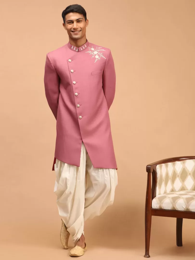 Men's Purple And Cream Silk Blend Sherwani Set