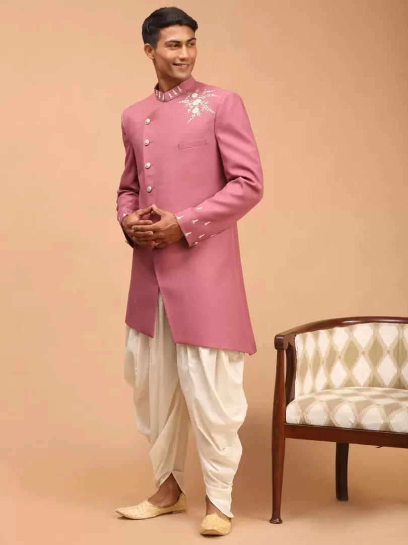 Men's Purple And Cream Silk Blend Sherwani Set