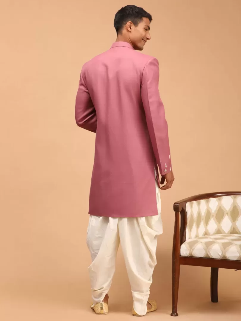 Men's Purple And Cream Silk Blend Sherwani Set