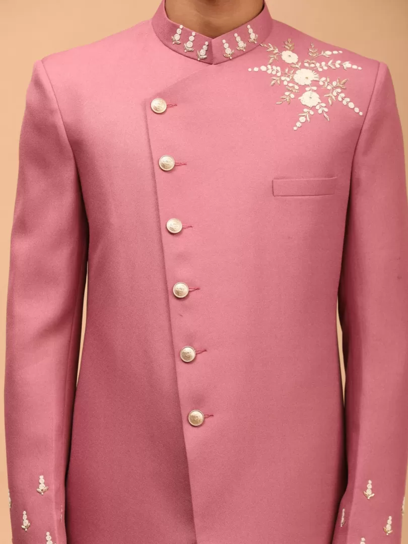 Men's Purple And Cream Silk Blend Sherwani Set