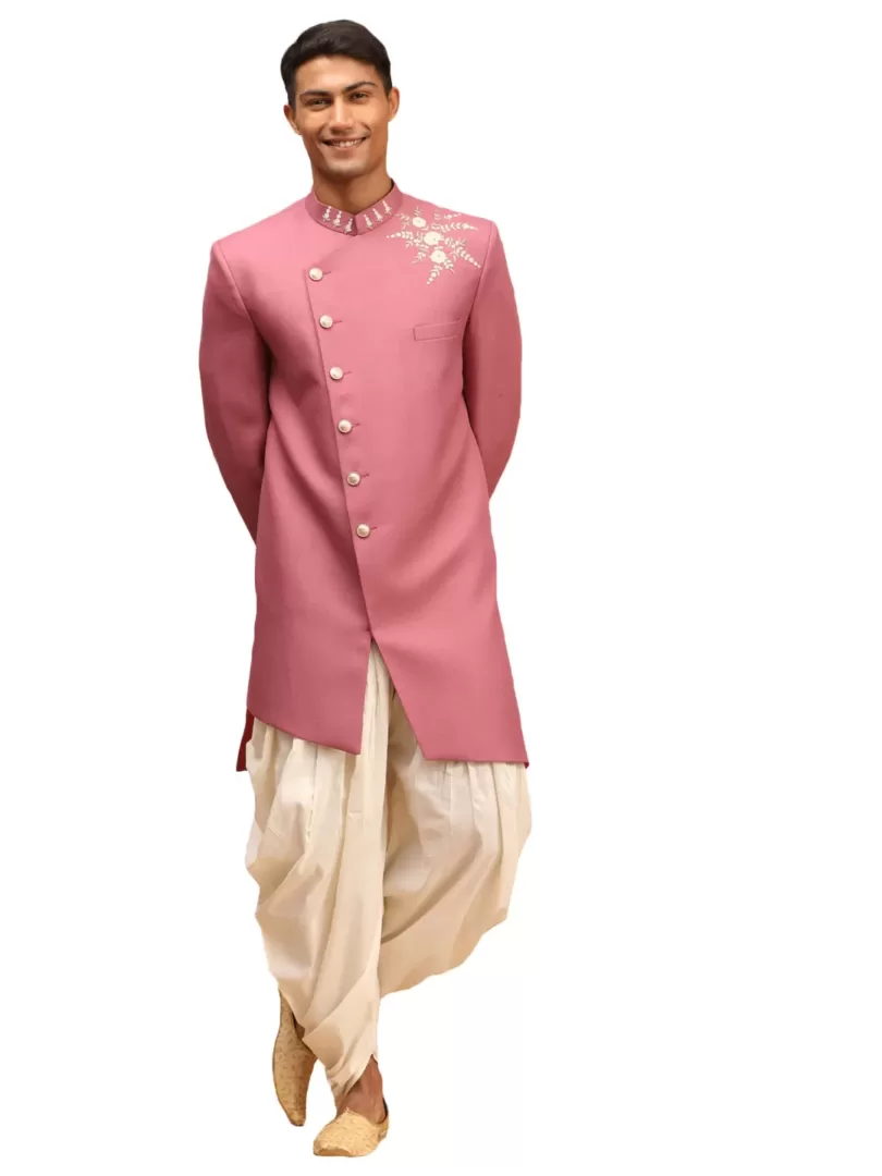 Men's Purple And Cream Silk Blend Sherwani Set