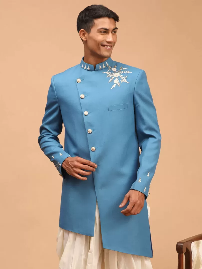 Men's Turquoise Silk Blend Sherwani Only Top