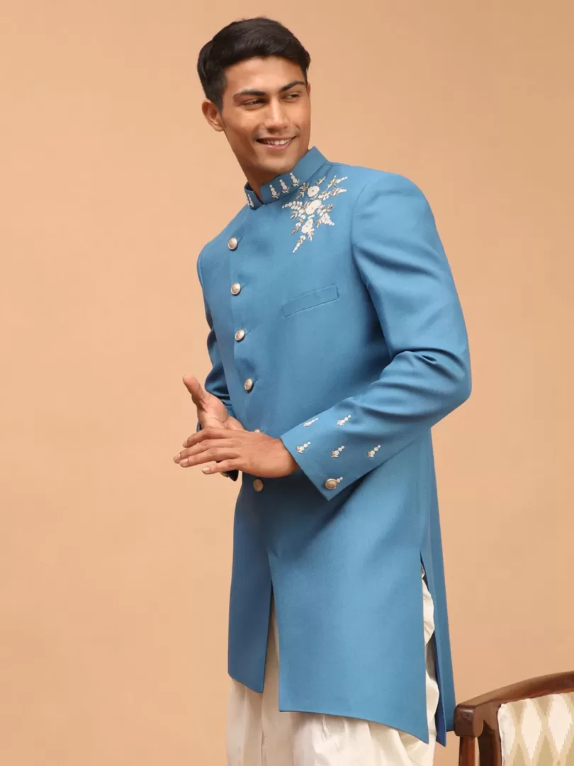 Men's Turquoise Silk Blend Sherwani Only Top