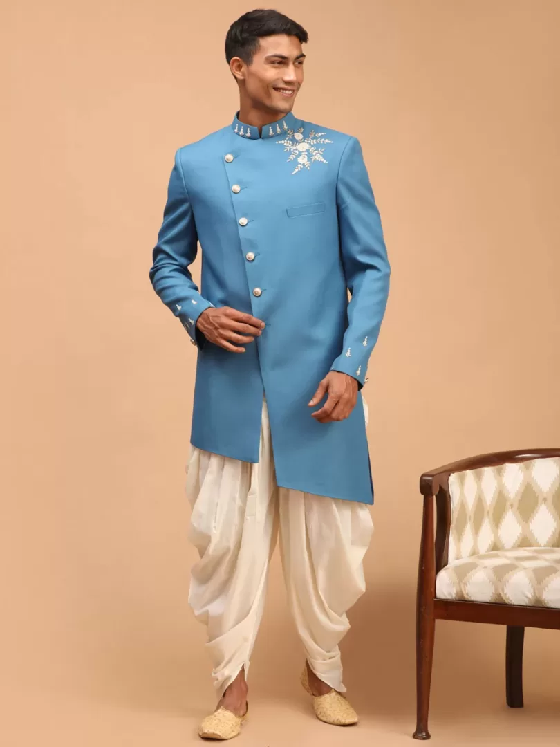 Men's Turquoise And Cream Silk Blend Sherwani Set