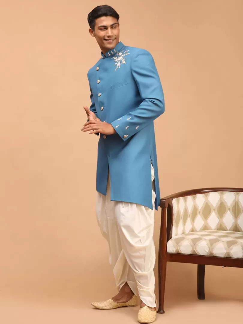 Men's Turquoise And Cream Silk Blend Sherwani Set