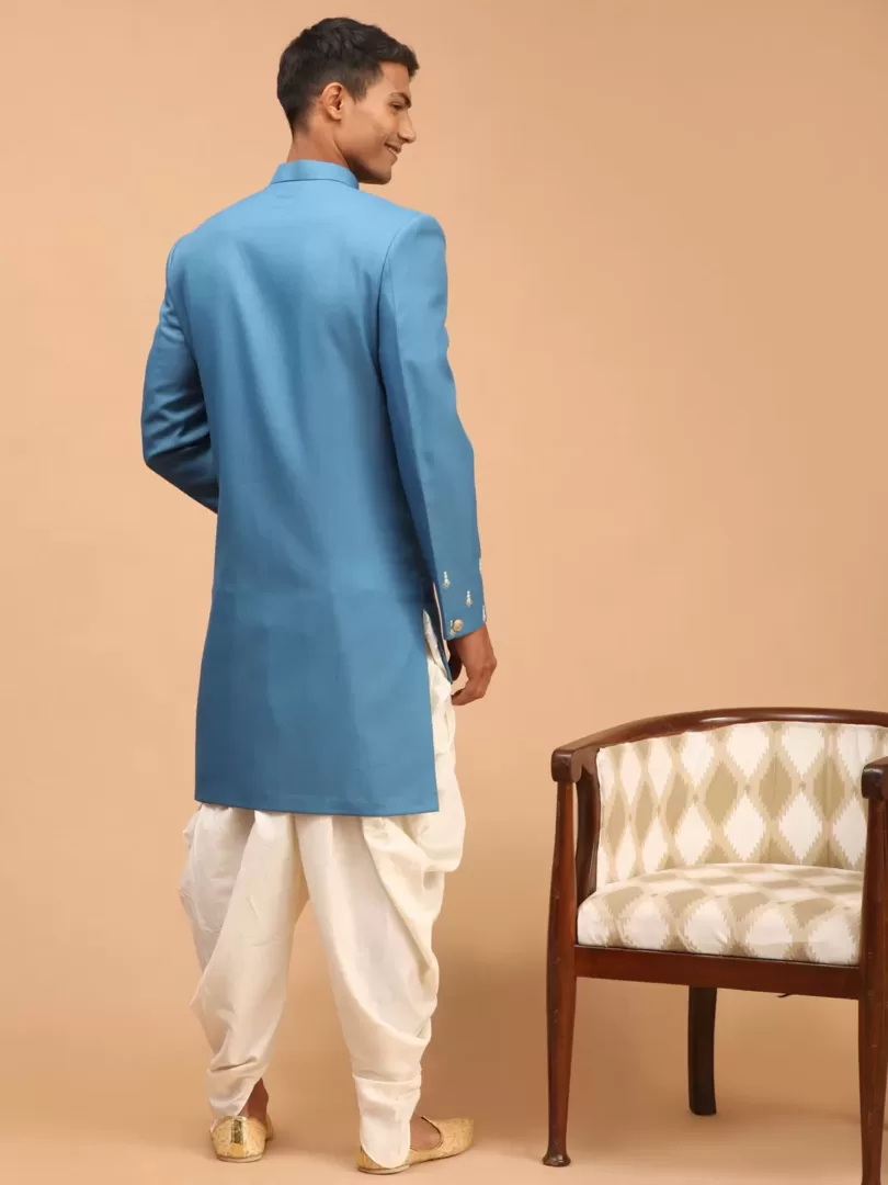 Men's Turquoise And Cream Silk Blend Sherwani Set