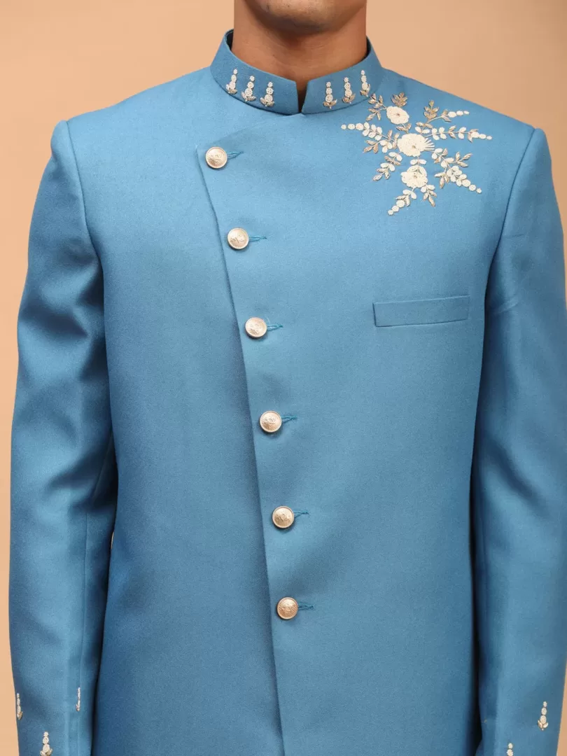 Men's Turquoise And Cream Silk Blend Sherwani Set