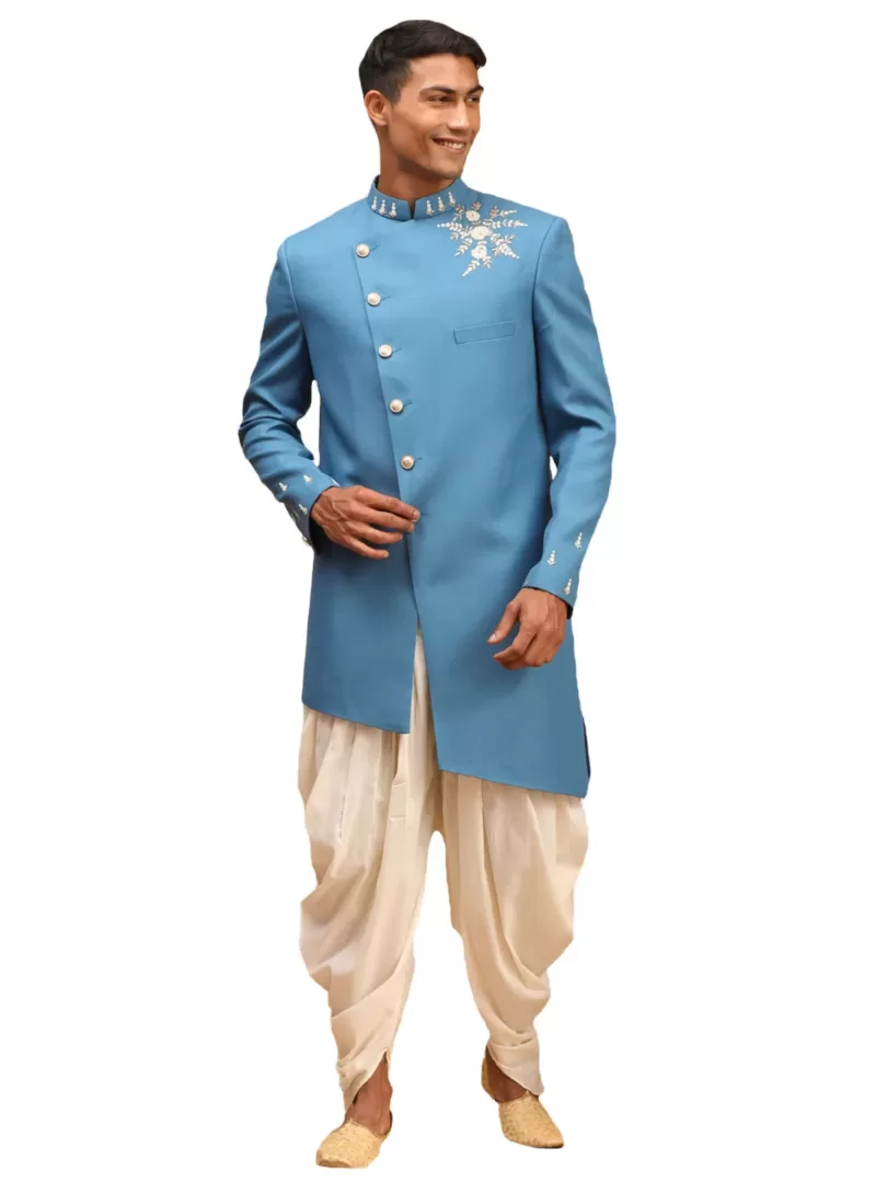 Men's Turquoise And Cream Silk Blend Sherwani Set