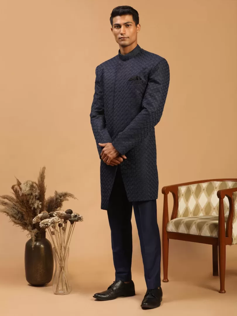 Men's Navy Blue Silk Blend Sherwani Set