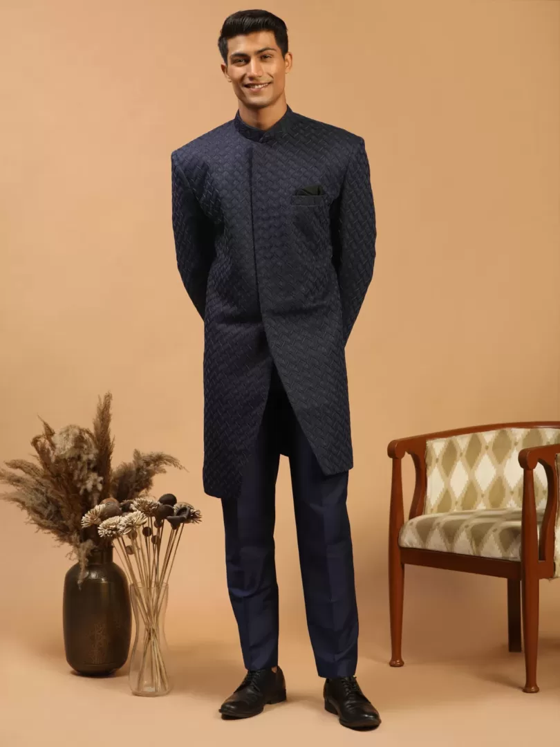 Men's Navy Blue Silk Blend Sherwani Set