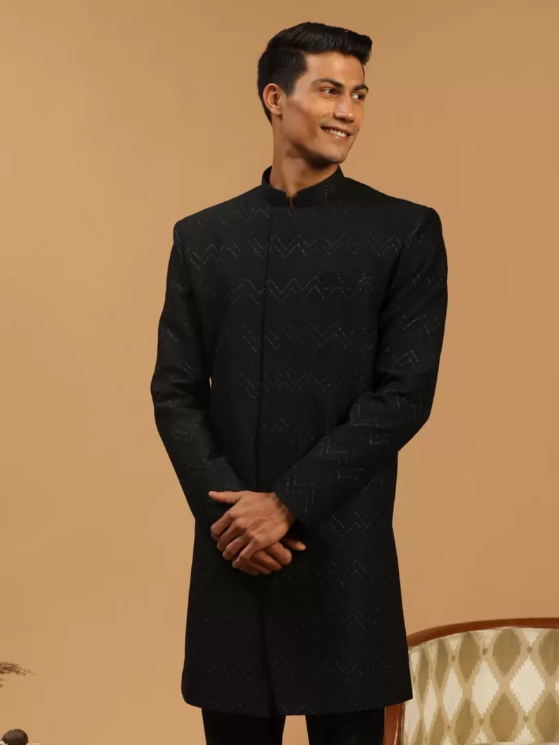 Men's Black Silk Blend Sherwani Only Top