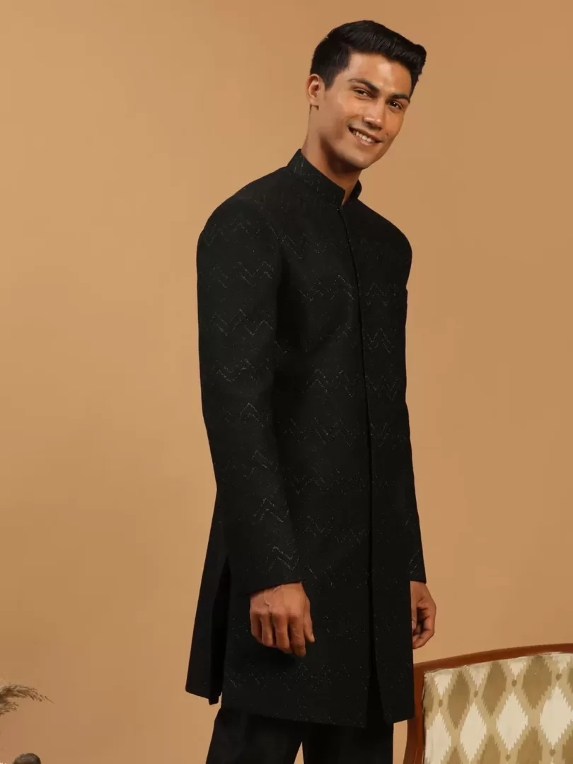 Men's Black Silk Blend Sherwani Only Top