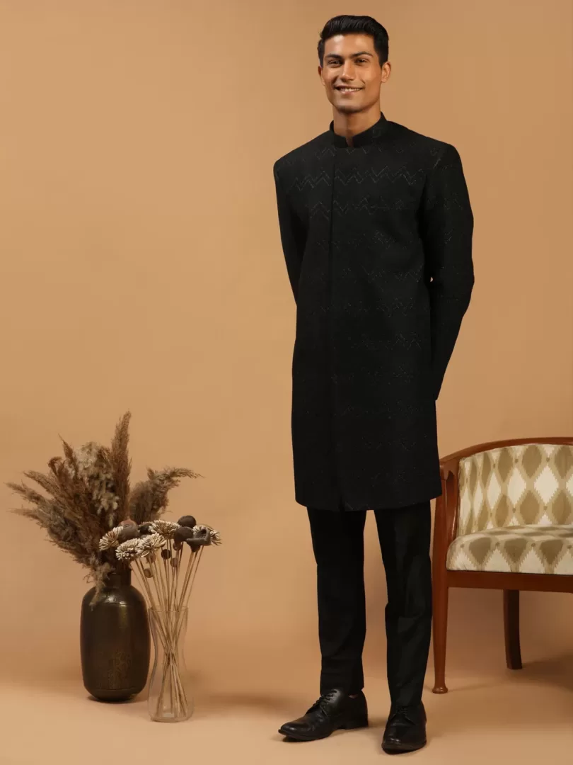 Men's Black Silk Blend Sherwani Only Top