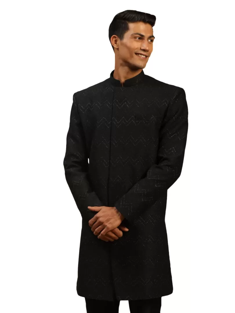 Men's Black Silk Blend Sherwani Only Top