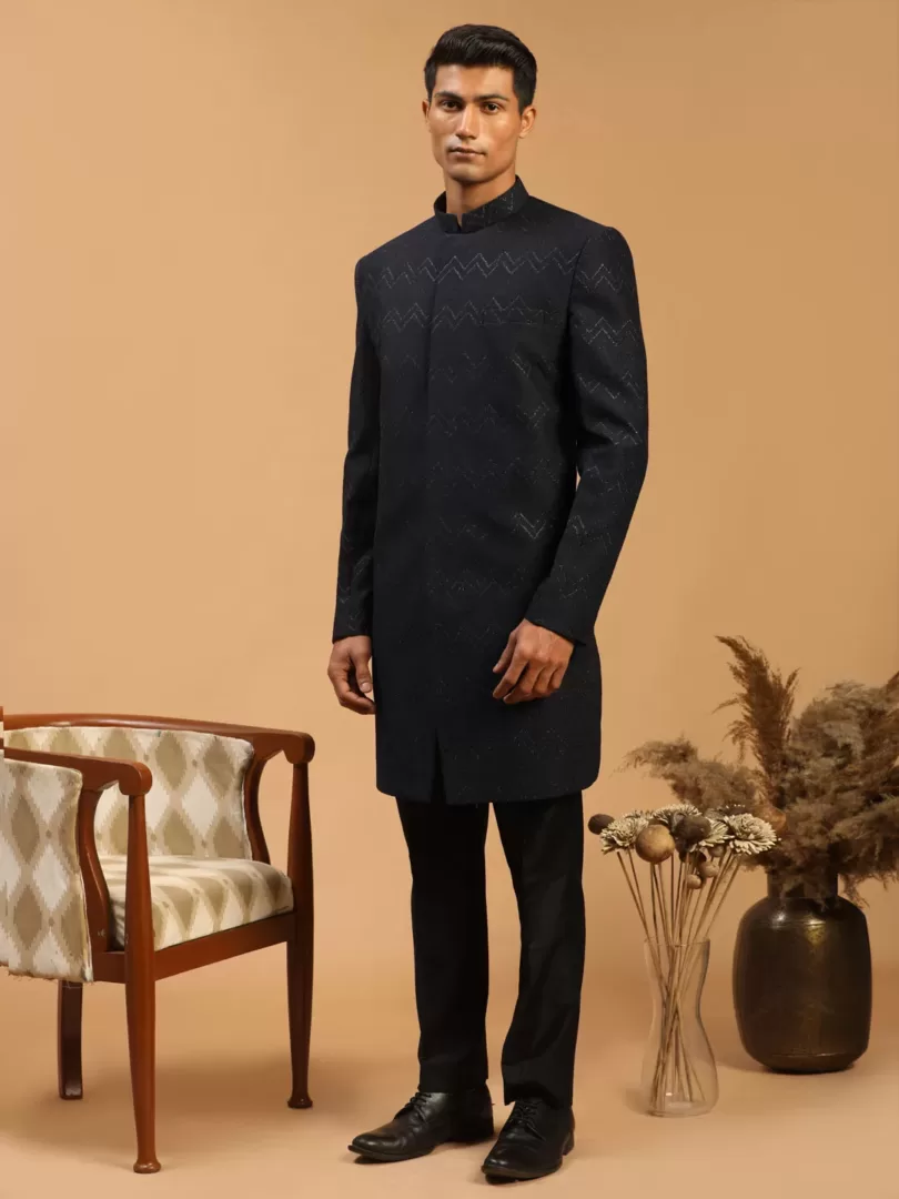 Men's Navy Blue And Black Silk Blend Sherwani Set