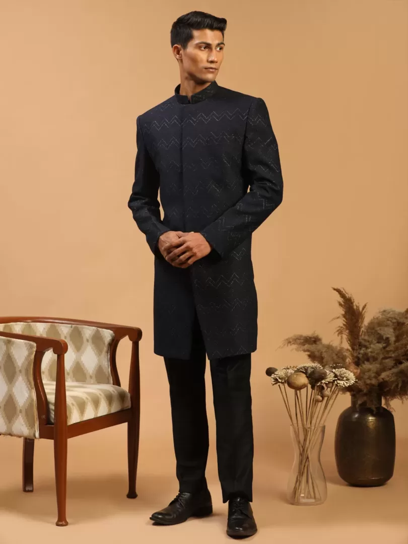 Men's Navy Blue And Black Silk Blend Sherwani Set