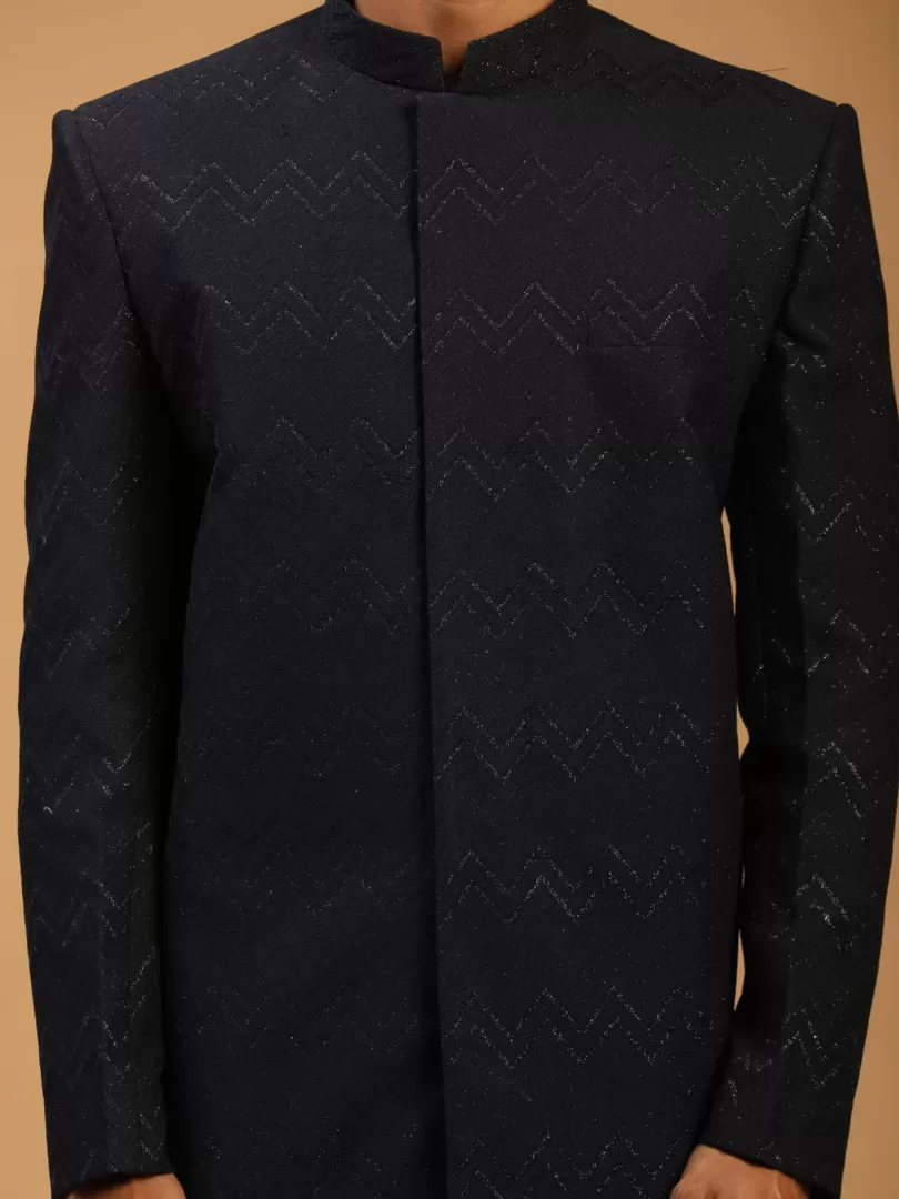 Men's Navy Blue And Black Silk Blend Sherwani Set