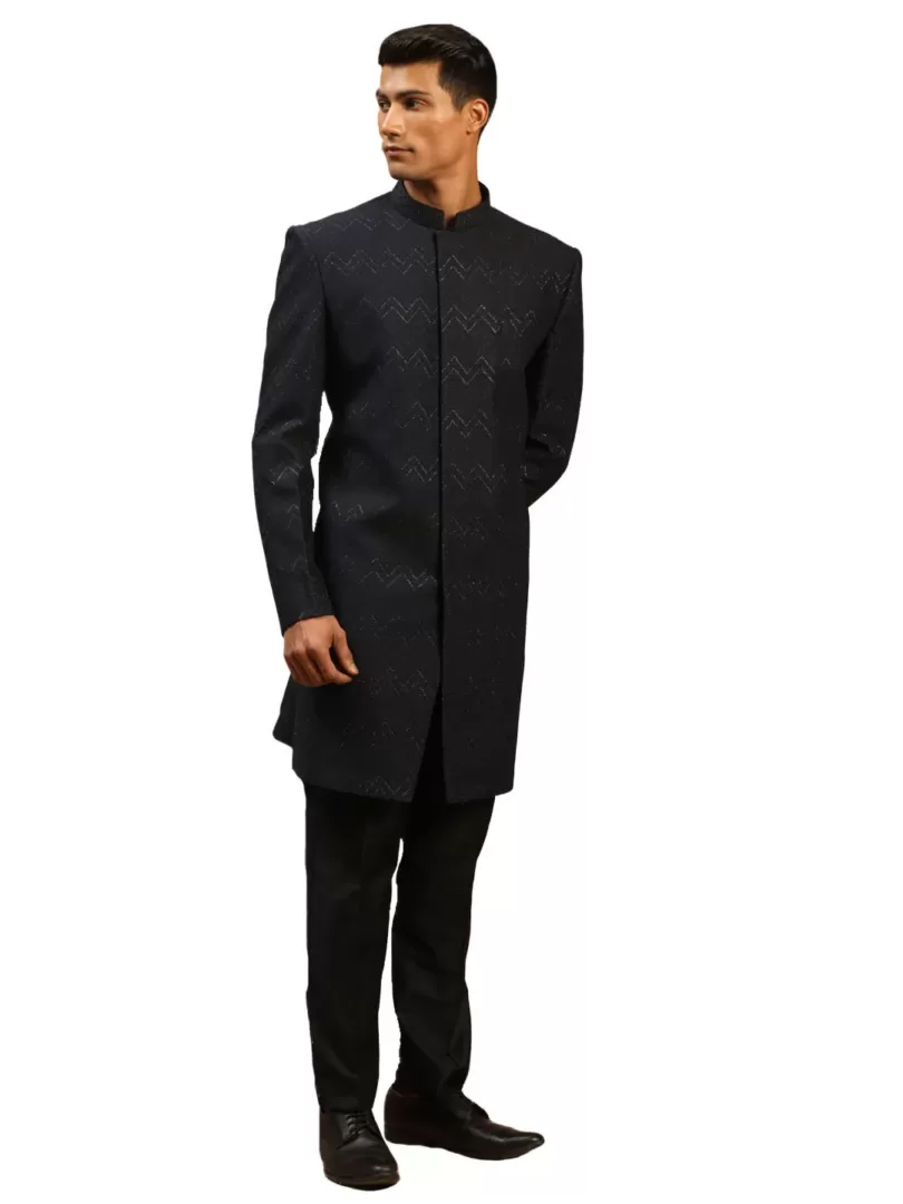 Men's Navy Blue And Black Silk Blend Sherwani Set