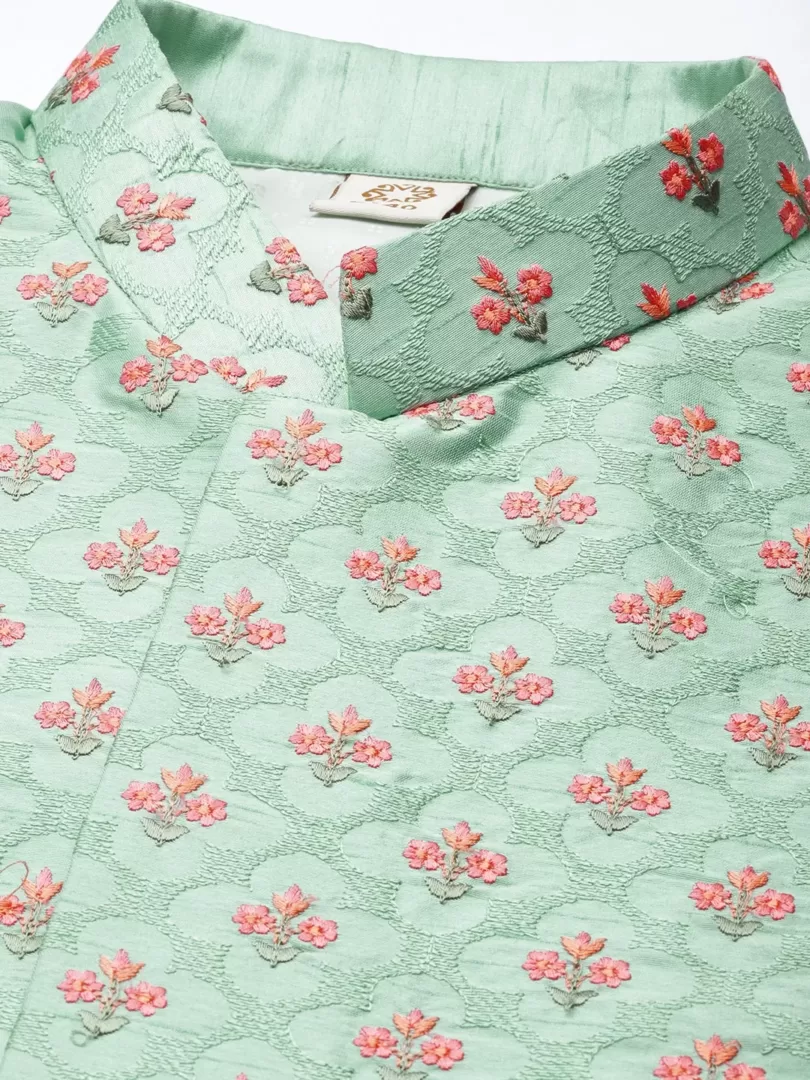 Men's Mint Green And Pink Poly viscose Jacket, Kurta and Pyjama Set