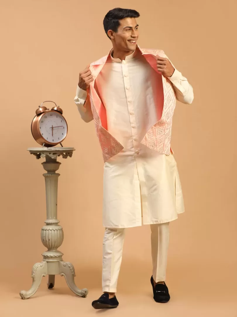 Men's Onion Pink And Cream Viscose Jacket, Kurta and Pyjama Set