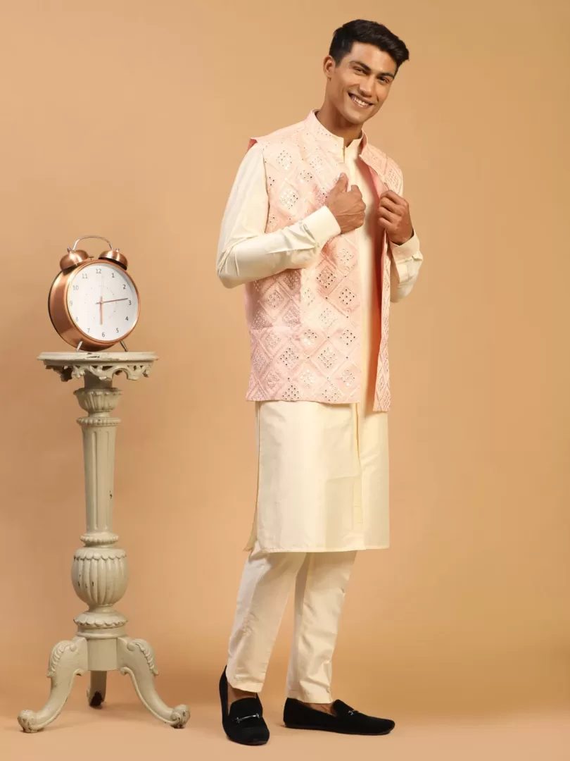 Men's Onion Pink And Cream Viscose Jacket, Kurta and Pyjama Set