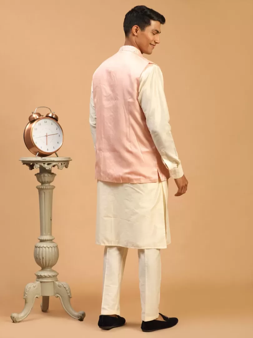 Men's Onion Pink And Cream Viscose Jacket, Kurta and Pyjama Set